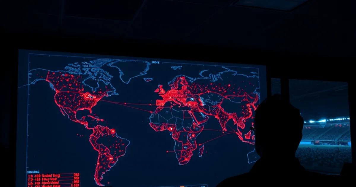 Salle de contrôle sombre avec une carte réseau affichant des points de blocage IP en temps réel, ambiance cinématographique bleu et rouge