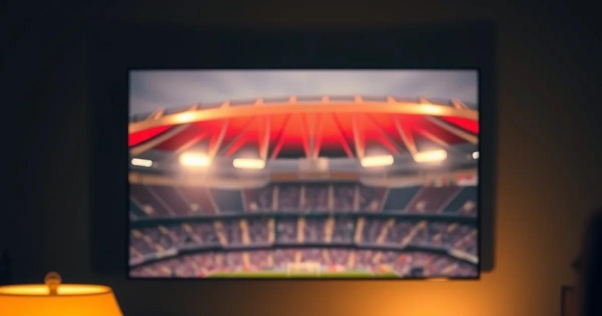 Salon plongé dans la pénombre avec un téléviseur diffusant un stade de football allemand illuminé de nuit