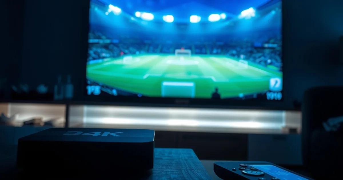 Salon sombre et cinématographique avec un téléviseur 4K diffusant un match de football et un boîtier IPTV au premier plan