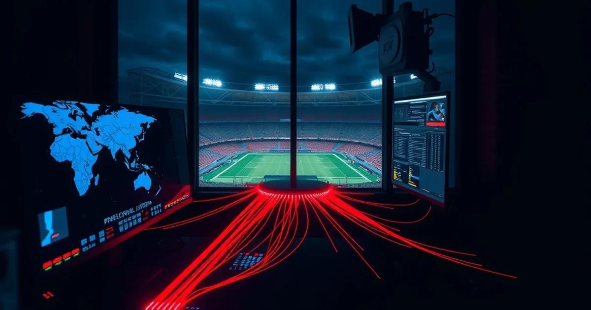 Salle de contrôle réseau sombre avec des écrans affichant des connexions en temps réel convergeant vers un stade de football illuminé au loin, symbolisant le blocage IPTV en direct pendant un match.
