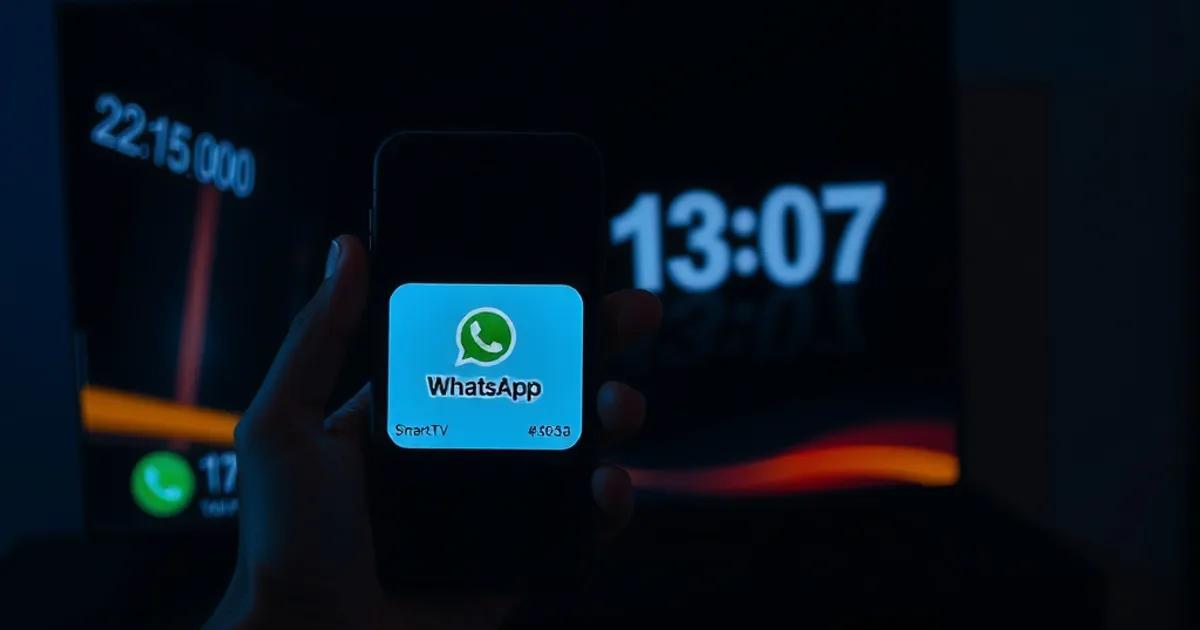 Main tenant un smartphone avec une conversation de messagerie éclairée dans une pièce sombre, télécommande et téléviseur flou en arrière-plan