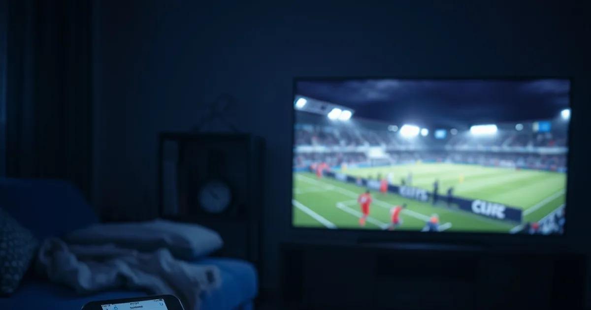 Salon sombre la nuit avec un écran de télévision diffusant un match de football flou, un smartphone et un chronomètre posés sur une table basse, ambiance bleu-violet cinématographique