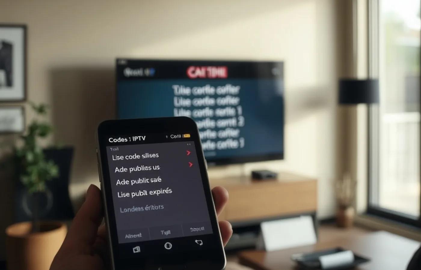 Codes IPTV gratuits testés sur la télévision du salon pendant qu’un téléphone affiche une longue liste de codes publics déjà expirés