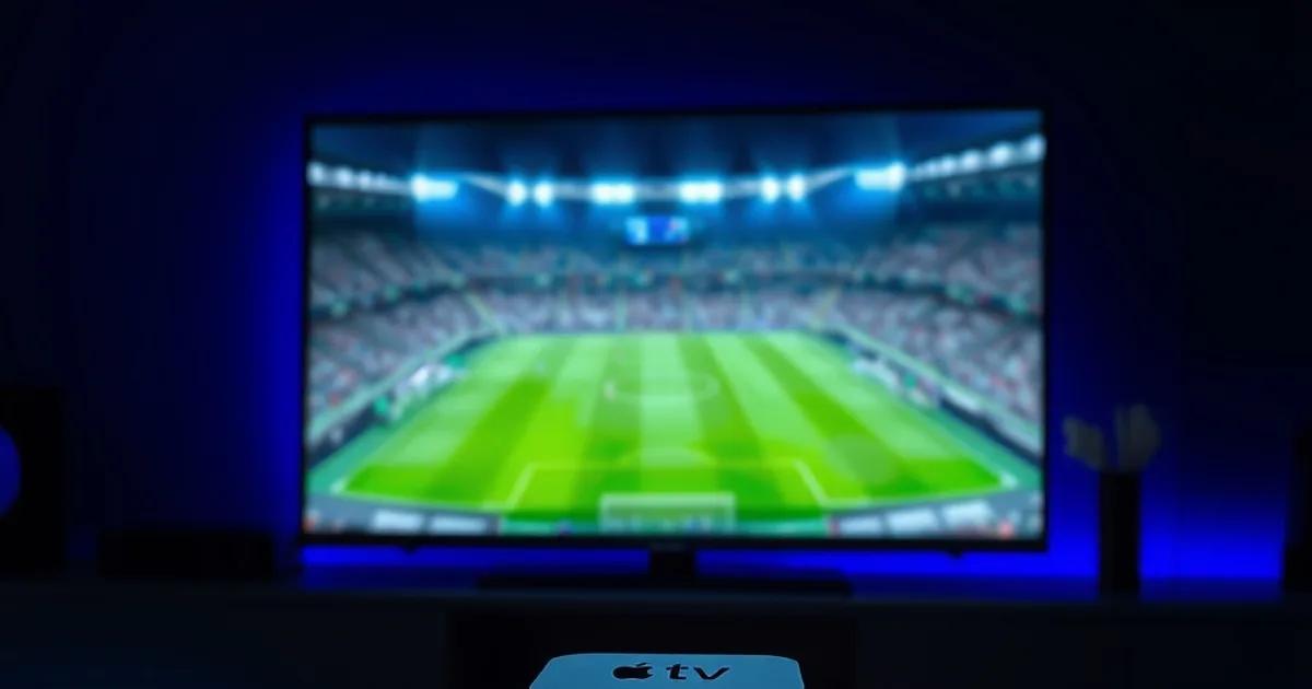 Apple TV 4K et télécommande dans un salon sombre, face à un écran diffusant un match de Ligue 1 en direct, ambiance cinématique bleu-violet