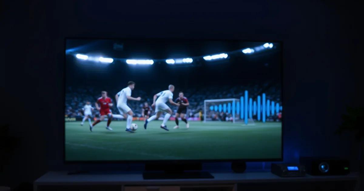 Salon plongé dans le noir, télévision affichant un match de football avec un léger effet de dédoublement d'image symbolisant le décalage audio-vidéo, câble Ethernet et boîtier IPTV visibles au premier plan