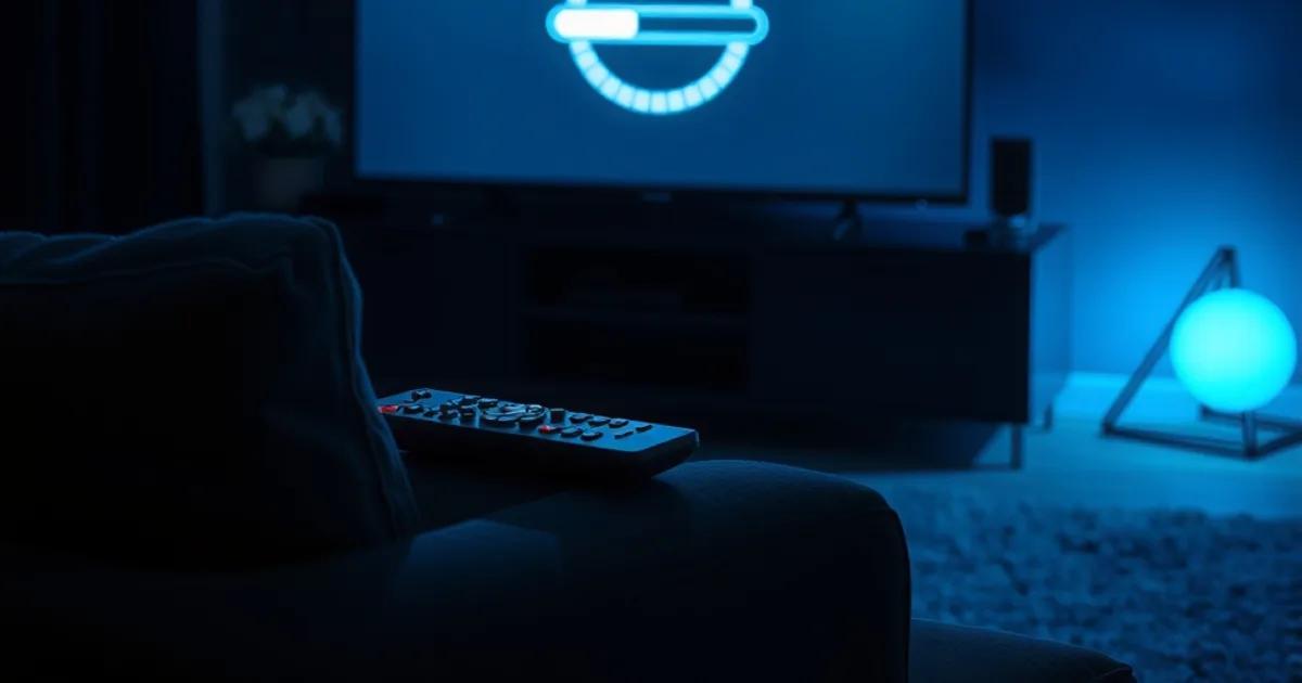 Salon plongé dans le noir, écran de télévision figé sur un cercle de chargement, ambiance sombre et cinématique symbolisant un flux IPTV bloqué le soir du 22 août 2026