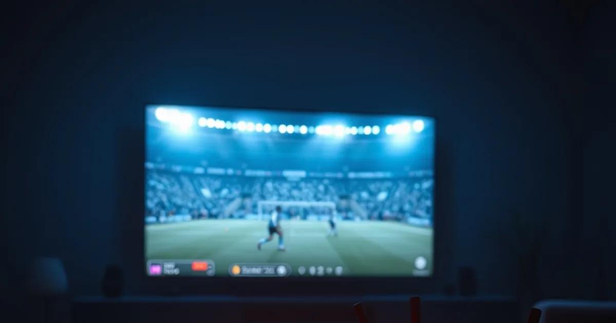 Salon plongé dans le noir, écran de télévision figé sur un match de football avec artefacts de mise en mémoire tampon, câble Ethernet et routeur au premier plan