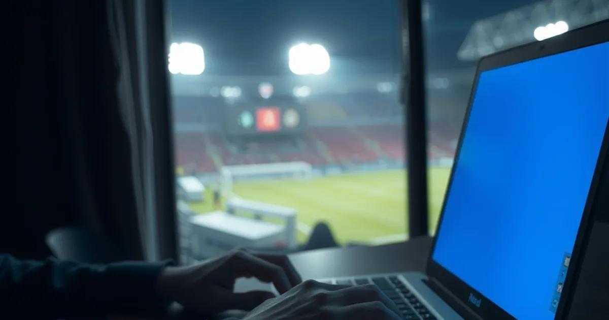 Une personne rédige un email de demande d'essai officiel sur son ordinateur portable la nuit, avec un stade de football éclairé visible au loin par la fenêtre.