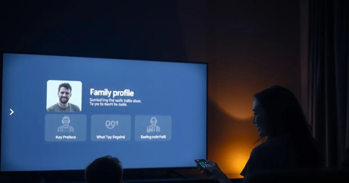 Salon sombre et cinématographique avec un parent et un enfant devant un téléviseur affichant un écran de sélection de profils familiaux