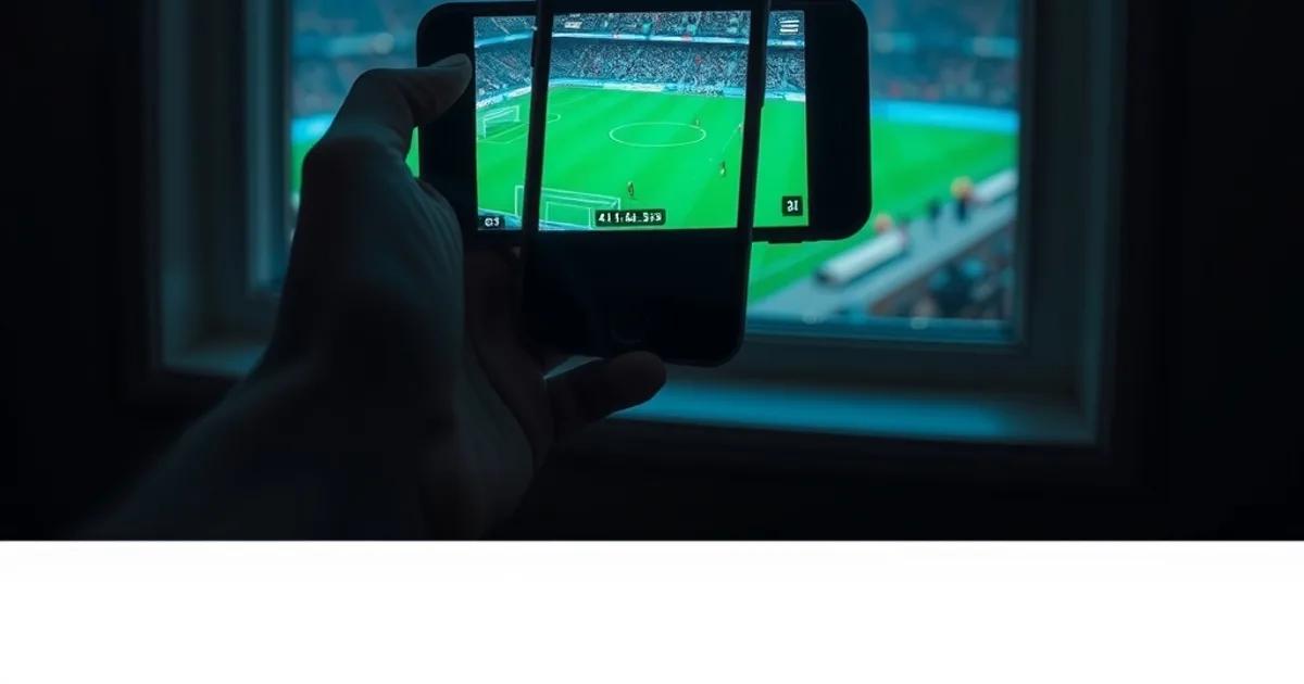 Main tenant un iPhone dont l'écran diffuse un match de football en direct, dans une pièce sombre aux tons bleu-vert