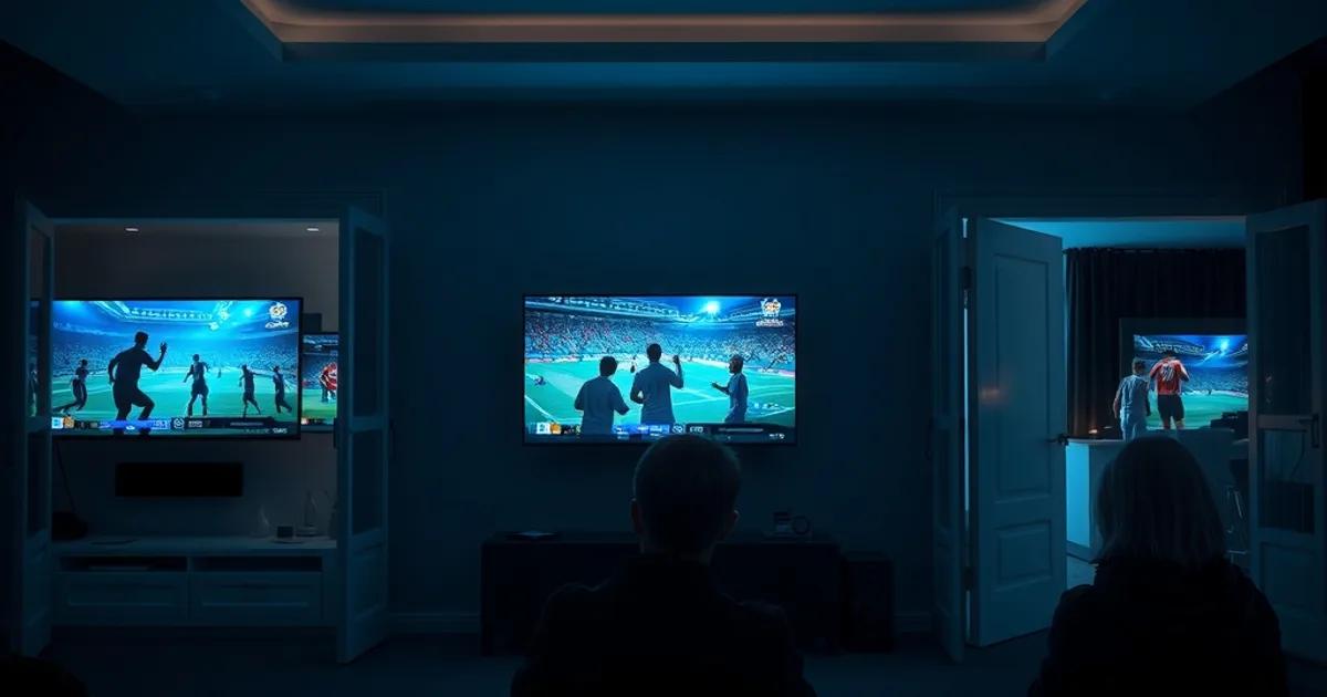 Scène nocturne d'un intérieur avec plusieurs téléviseurs allumés dans différentes pièces diffusant un match de football, ambiance cinématique sombre