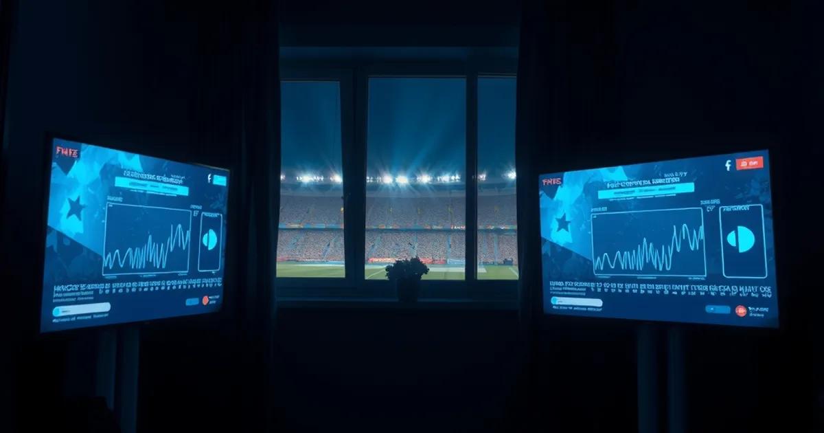Plusieurs écrans sombres diffusant un signal de match de football en direct dans une pièce faiblement éclairée, ambiance tech premium évoquant un test de charge réseau