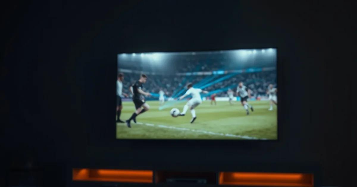 Salon sombre la nuit avec un match de football en direct sur grand écran et un câble Ethernet lumineux relié à un boîtier IPTV au premier plan, ambiance cinématographique bleu et ambre