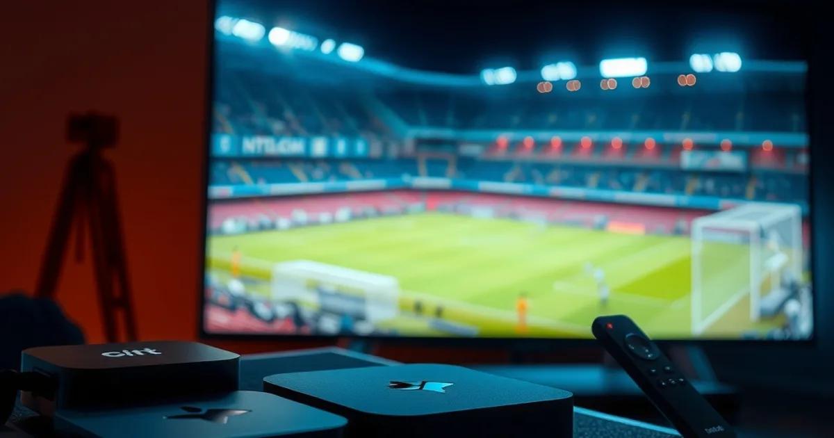 Trois boîtiers IPTV différents posés sur une étagère sombre, écran de télévision en arrière-plan diffusant un stade de football éclairé de nuit