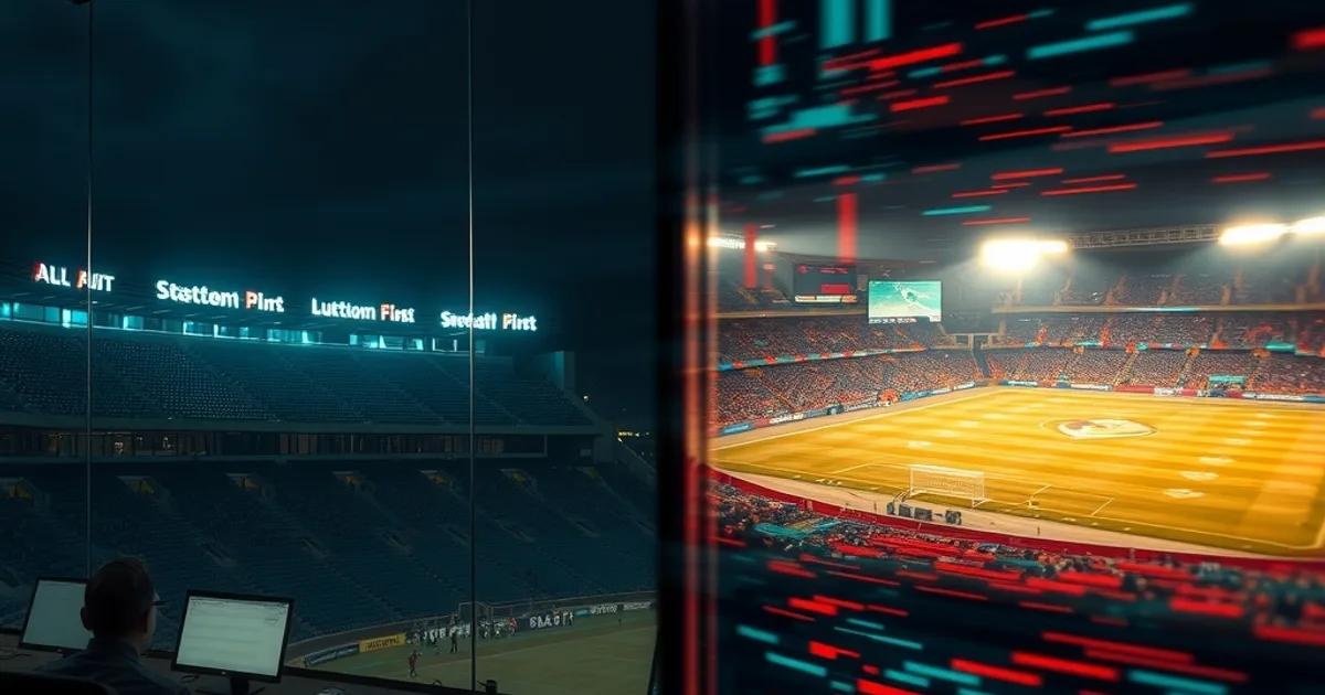 Stade de football illuminé la nuit, avec l'image se scindant entre un flux net et un signal qui se brouille, symbolisant le choix entre diffusion officielle et flux instable.