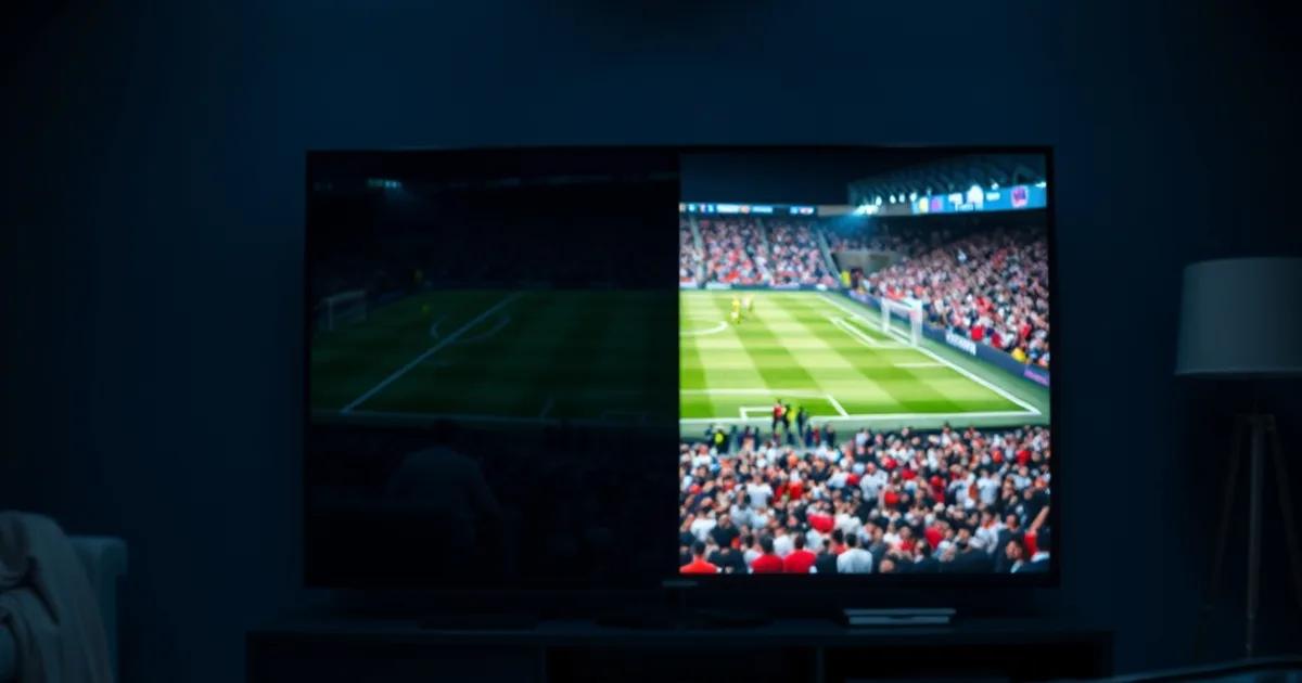 Salon plongé dans la pénombre avec un grand téléviseur diffusant un match de football, la moitié de l'image nette en 4K et l'autre plus floue en 1080p, télécommande posée au premier plan