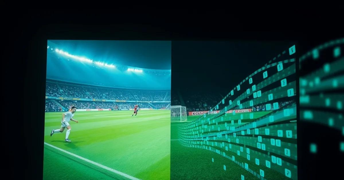 Écran de télévision dans une pièce sombre affichant un match de football, avec des flux de données numériques stylisés qui convergent vers l'image, illustrant la comparaison de compression vidéo