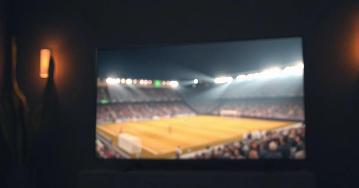 Deux boîtiers IPTV posés devant un téléviseur diffusant un stade de football éclairé, ambiance sombre et cinématique