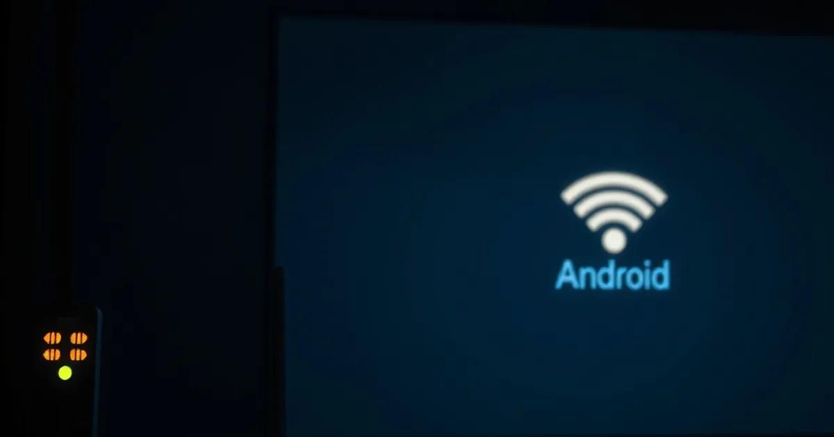 Boîtier Android TV et routeur dans une pièce sombre, écran stable malgré un signal réseau faible en arrière-plan