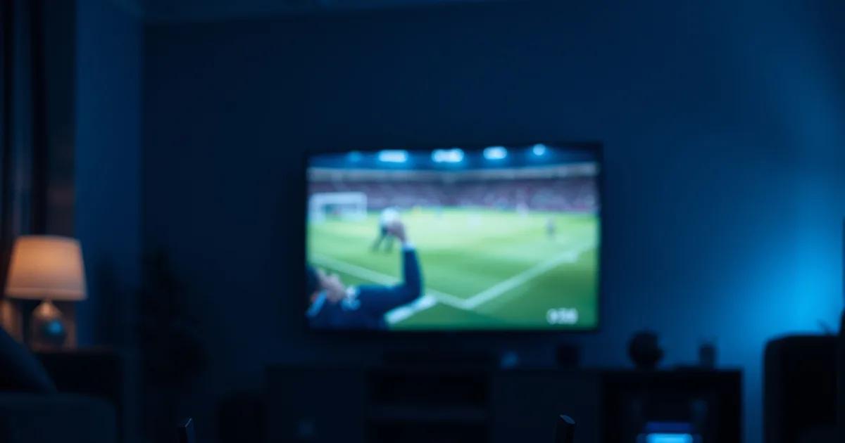 Routeur aux voyants allumés dans un salon sombre, avec un match de football diffusé en arrière-plan sur un écran flou