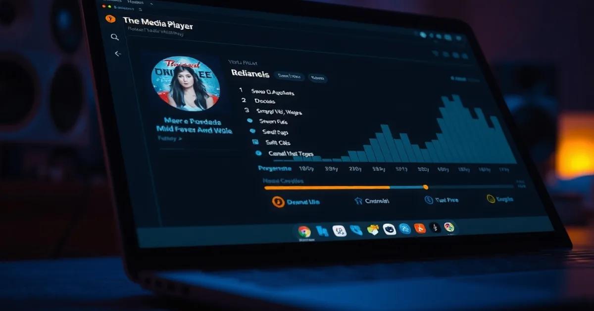 Écran d'ordinateur portable dans une pièce sombre affichant un lecteur de flux vidéo avec une liste de chaînes, ambiance test technique nocturne