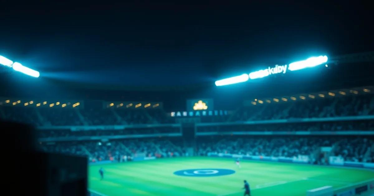 Scène nocturne sombre d'un stade de rugby éclairé, vue à travers un écran de streaming légèrement pixelisé, ambiance bleu nuit et lumières ambrées