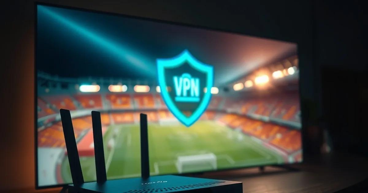 Routeur et boîtier de streaming dans une ambiance sombre et cinématique, lumière bleutée évoquant une protection VPN, téléviseur en arrière-plan diffusant un stade de football éclairé