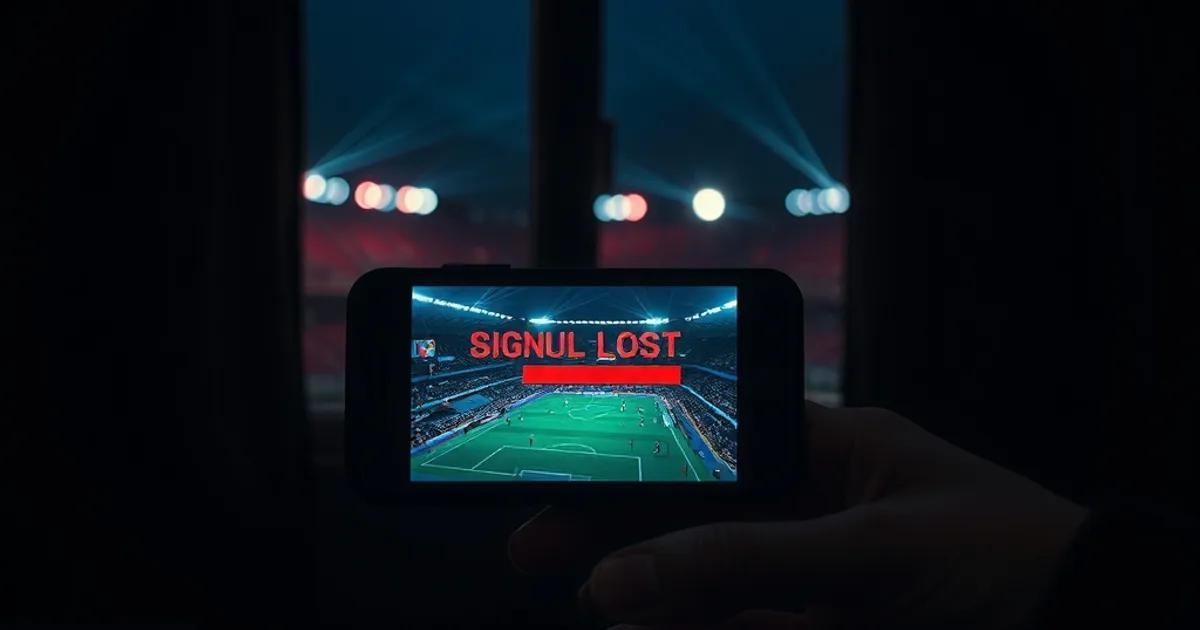 Smartphone affichant un flux de football qui se fige dans un salon sombre, lumières de stade en arrière-plan la nuit